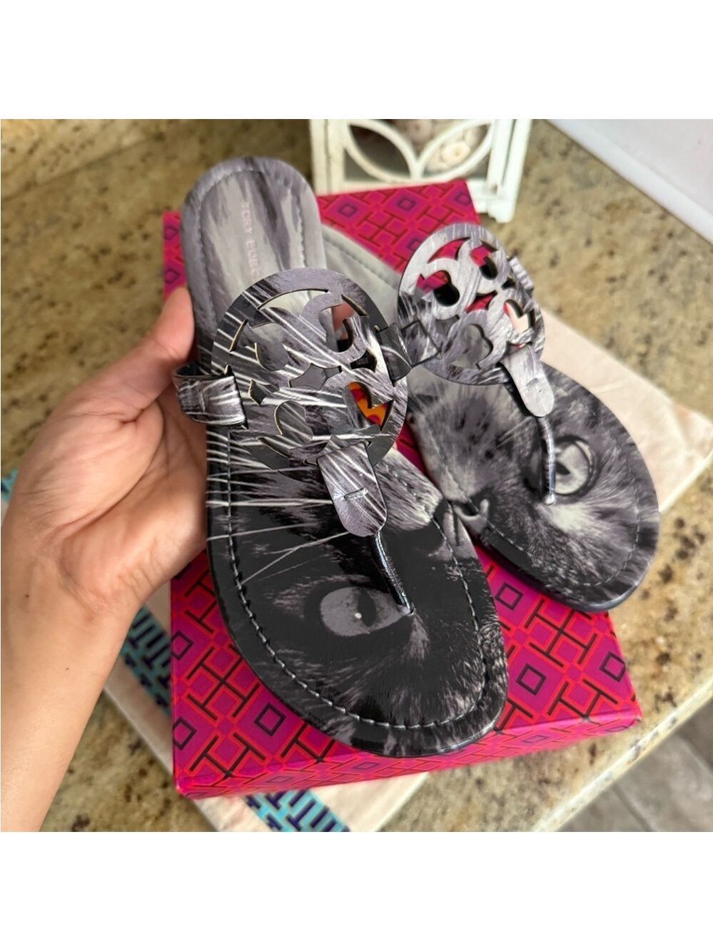 New Tory Burch miller sandal printed patent leather cat portrait